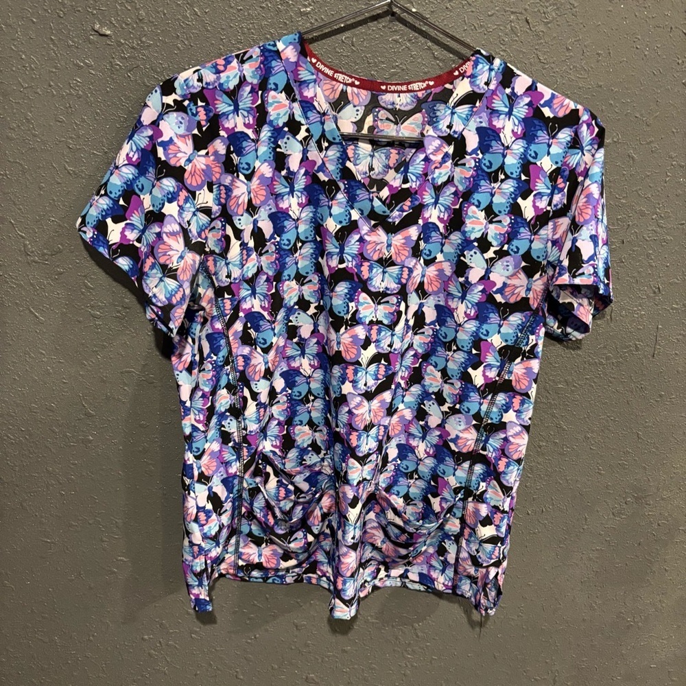 Divine Stretch Colorful Butterfly Print Scrub Top